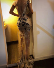 Long Mermaid One Shoulder Tulle Lace See through Prom Dress