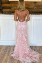 Long Mermaid Scoop Neck Lace Open Back Prom Dress Pink Formal Evening Dresses