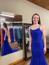 Long Mermaid Scoop Neck Lace Open Back Prom Dress Royal Blue Formal Evening Gowns