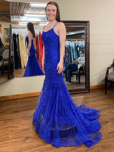 Long Mermaid Scoop Neck Lace Open Back Prom Dress Royal Blue Formal Evening Gowns