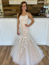 Long Mermaid Spaghetti Straps Tulle Lace Backless Formal Prom Dresses