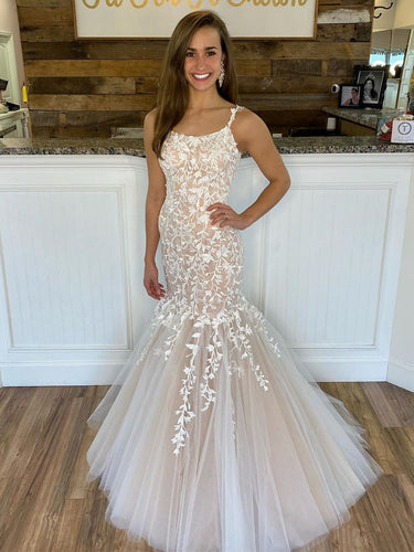 Long Mermaid Spaghetti Straps Tulle Lace Backless Formal Prom Dresses