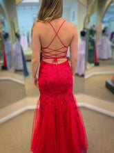 Long Mermaid Spaghetti Straps Tulle Lace Open Back Prom Dress Red Formal Evening Gowns