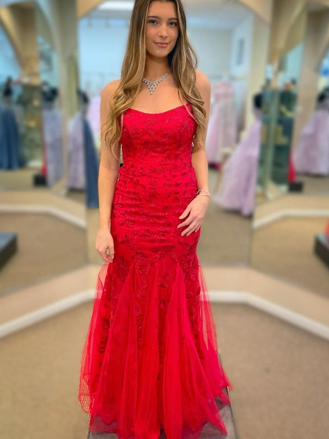 Long Mermaid Spaghetti Straps Tulle Lace Open Back Prom Dress Red Formal Evening Gowns