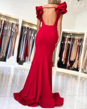 Long Mermaid Square Neckline Satin Open Back Red Prom Dresses
