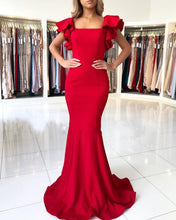 Long Mermaid Square Neckline Satin Open Back Red Prom Dresses