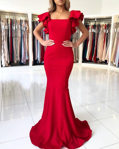 Long Mermaid Square Neckline Satin Open Back Red Prom Dresses