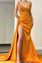 Long Mermaid Sweetheart Ruched Satin Front Slit Prom Dress with Side Sweep Train