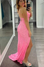 Long Mermaid V Neck Backless Sequins Prom Dress with Slit Pink Formal Graduation Evening Dresses