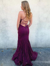 Long Mermaid V Neck Lace Backless Graduation Prom Dresses