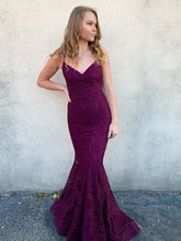 Long Mermaid V Neck Lace Backless Graduation Prom Dresses