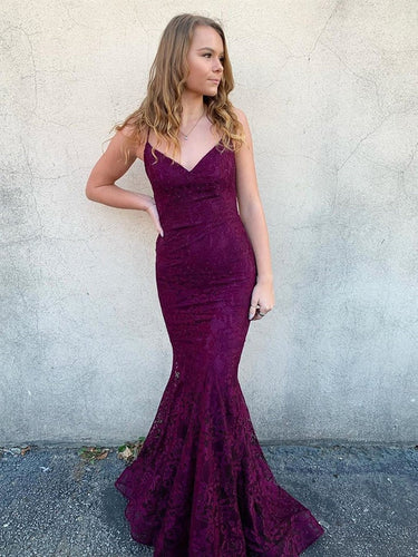 Long Mermaid V Neck Lace Backless Graduation Prom Dresses