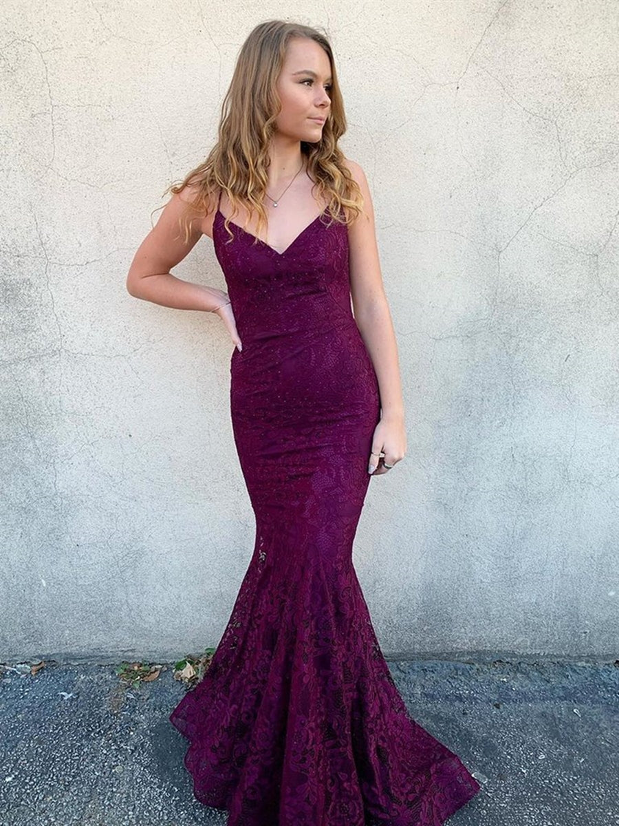 Long Mermaid V Neck Lace Backless Graduation Prom Dresses