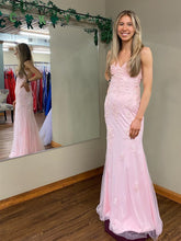Long Mermaid V-neck Lace Backless Prom Dress Pink Formal Evening Dresses
