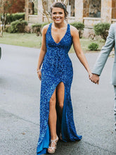 Long Mermaid V-neck Sequined Backless Prom Dress with Slit Blue Formal Evening Gowns
