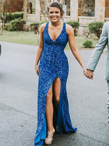 Long Mermaid V-neck Sequined Backless Prom Dress with Slit Blue Formal Evening Gowns