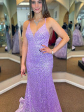 Long Mermaid V-neck Sequins Backless Prom Dress Lilac Formal Evening Dresses