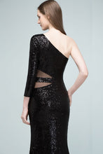 Long Sheath Sequined One-shoulder Prom Dresses with One-sleeve