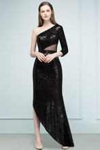 Long Sheath Sequined One-shoulder Prom Dresses with One-sleeve