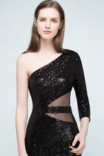 Long Sheath Sequined One-shoulder Prom Dresses with One-sleeve