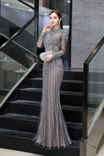 Long Sleeve Mermaid Sequins High-Neck Evening Gowns