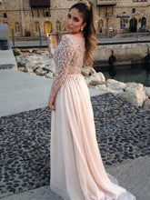 Long Sleeves A-Line/Elegant Bateau Beading Floor-length Chiffon Dress