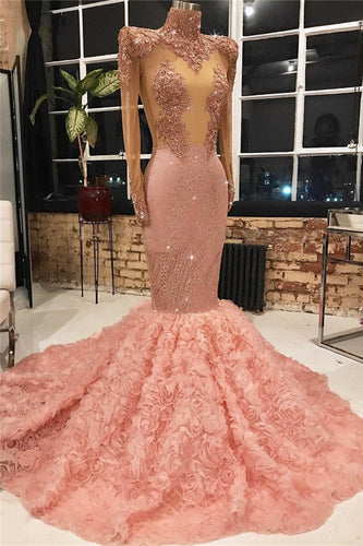 Long Sleeves Pink Prom Dress Mermaid Appliques With Flowers Bottom