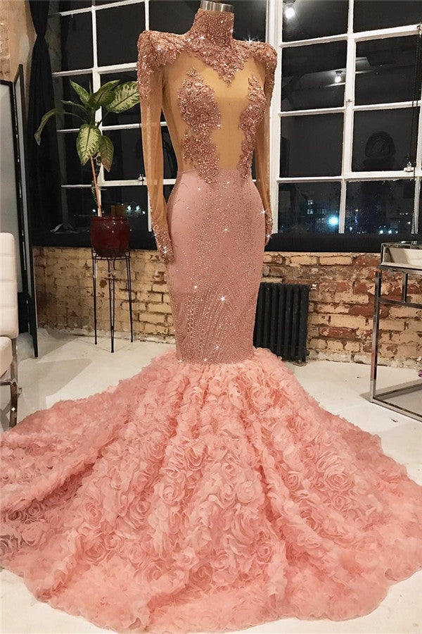 Long Sleeves Pink Prom Dress Mermaid Appliques With Flowers Bottom