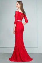 Long Spaghetti Off-shoulder Mermaid Lace Prom Dresses with Sleeves and Sash