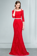 Long Spaghetti Off-shoulder Mermaid Lace Prom Dresses with Sleeves and Sash