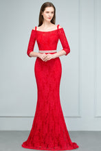 Long Spaghetti Off-shoulder Mermaid Lace Prom Dresses with Sleeves and Sash