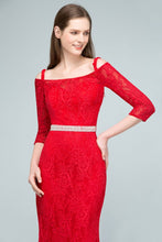 Long Spaghetti Off-shoulder Mermaid Lace Prom Dresses with Sleeves and Sash