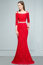 Long Spaghetti Off-shoulder Mermaid Lace Prom Dresses with Sleeves and Sash