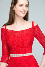 Long Spaghetti Off-shoulder Mermaid Lace Prom Dresses with Sleeves and Sash