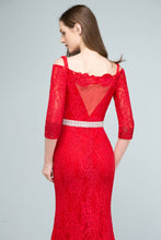 Long Spaghetti Off-shoulder Mermaid Lace Prom Dresses with Sleeves and Sash