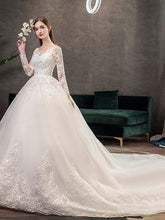 Engagement Formal Wedding Dresses Cathedral Train Ball Gown Long Sleeve Illusion Neck Lace With Pleats Appliques