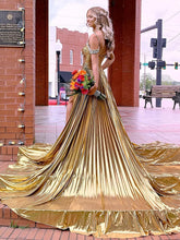 Lulu | Off the Shoulder Gold A-Line Metallic Pleated Long Formal Gown