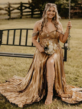Lulu | Off the Shoulder Gold A-Line Metallic Pleated Long Formal Gown
