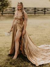 Lulu | Off the Shoulder Gold A-Line Metallic Pleated Long Formal Gown