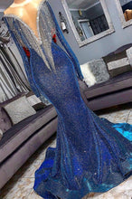 Luxurious Long Sheer Neckline Mermaid Sequins Prom Dresses with Sleeves