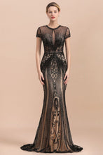 Luxury Black Covered Beaded Mermaid Prom Dress Cap Sleeves Party Dress