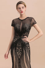 Luxury Black Covered Beaded Mermaid Prom Dress Cap Sleeves Party Dress