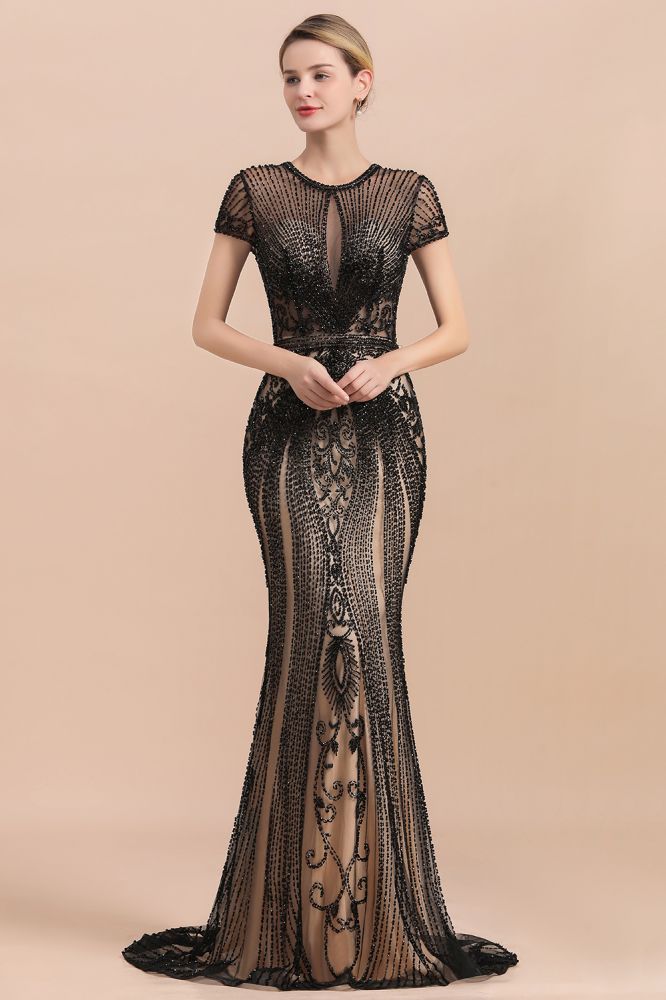 Luxury Black Covered Beaded Mermaid Prom Dress Cap Sleeves Party Dress –  Anna PromDress