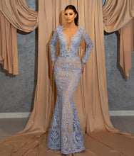Luxury Long Blue Lace Mermaid Prom Dresses With Sleeves