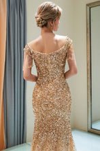 Luxury Off-the-shoulder V-neck Floor Length Sequins Evening Dress