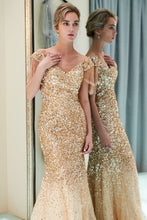 Luxury Off-the-shoulder V-neck Floor Length Sequins Evening Dress