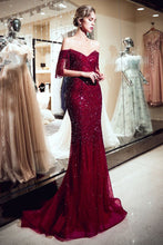 Luxury Off-the-shoulder V-neck Floor Length Sequins Evening Dress