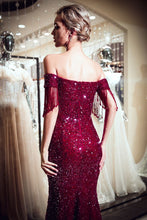 Luxury Off-the-shoulder V-neck Floor Length Sequins Evening Dress