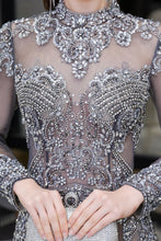 Luxury Sparkly beading High Neck Sheer Tulle Long Prom Dress