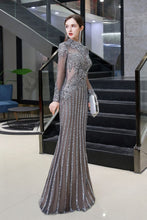 Luxury Sparkly beading High Neck Sheer Tulle Long Prom Dress